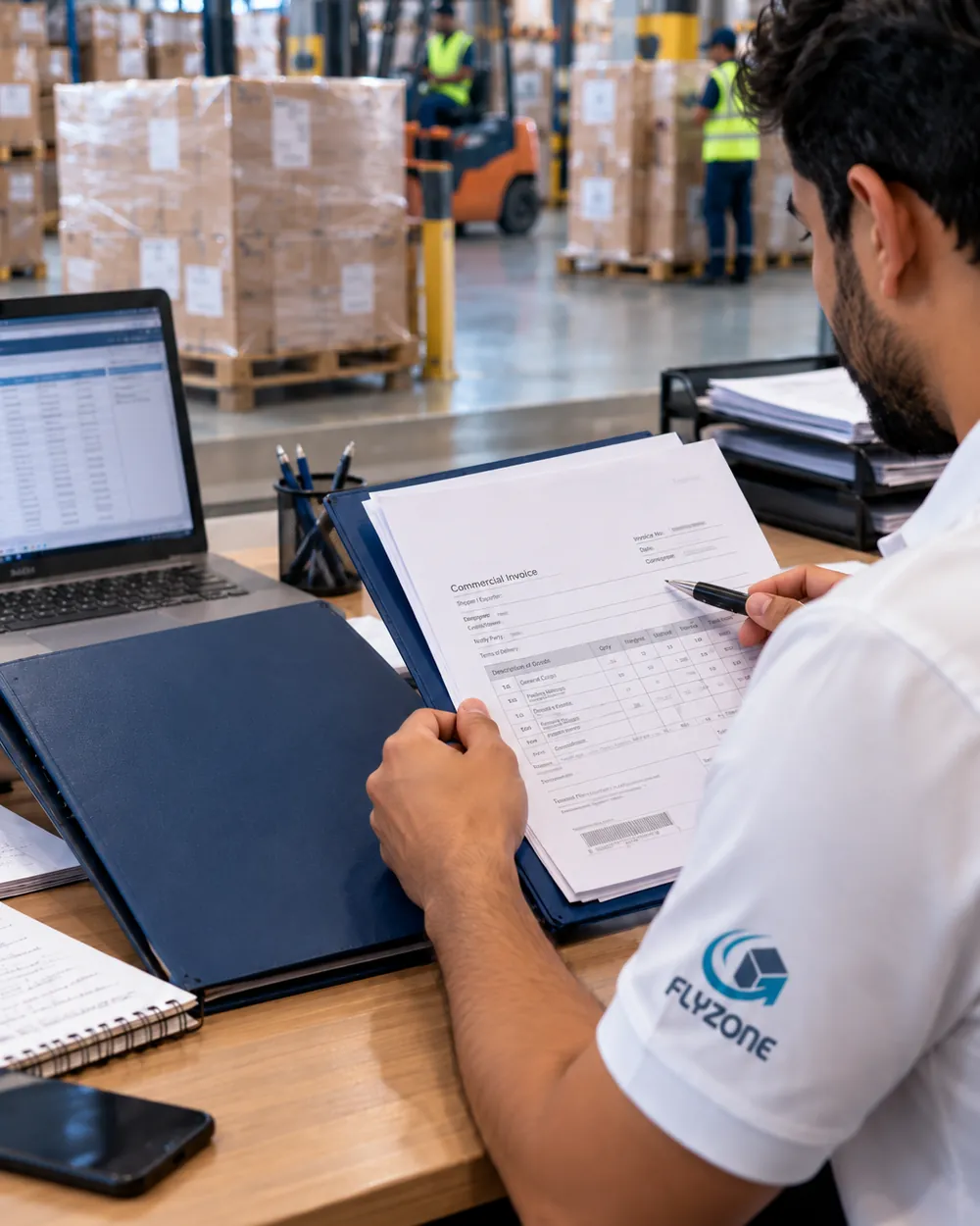 Shipping documents being checked at a desk