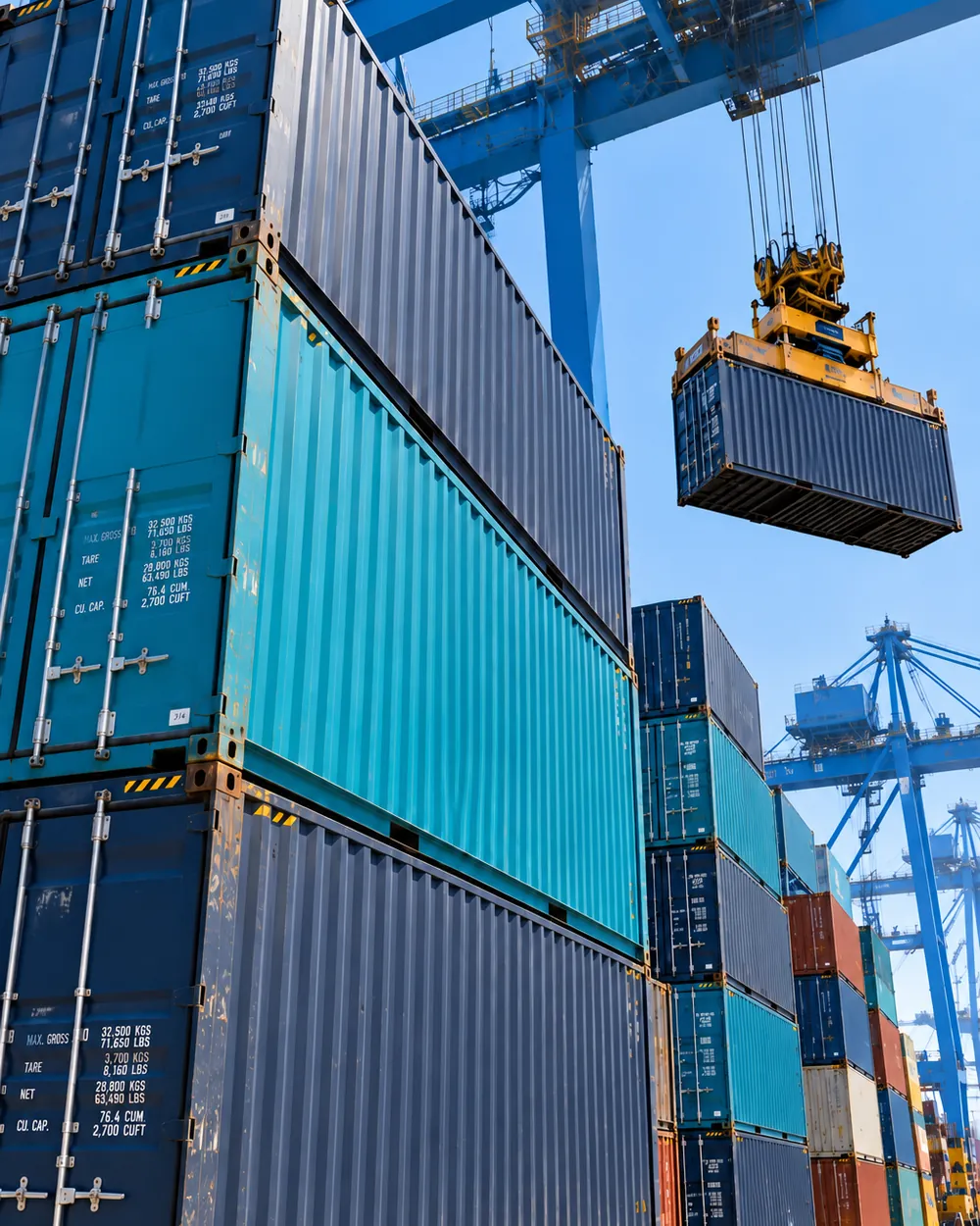 Containers stacked at a port under gantry cranes