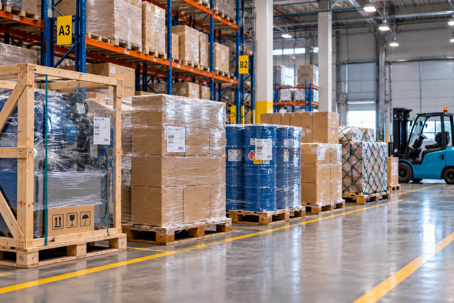 Mixed cargo on pallets in a Dubai warehouse