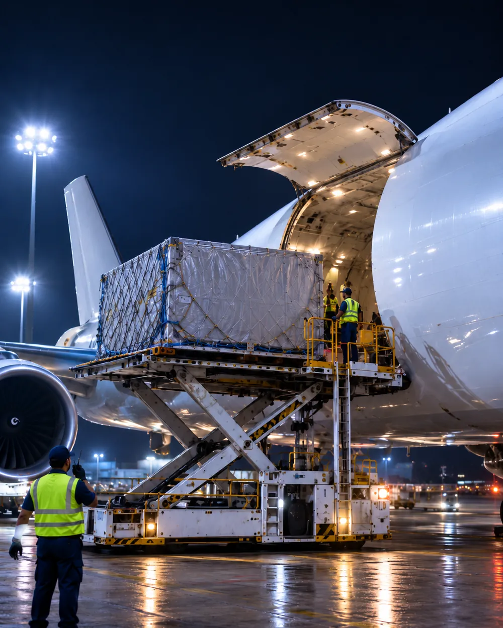 A chartered freighter being loaded at night
