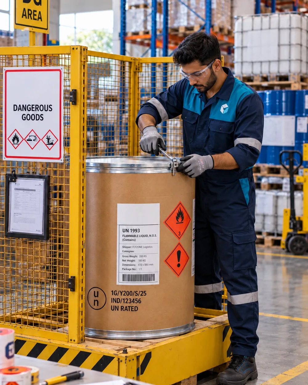 A packer sealing a labelled dangerous goods drum
