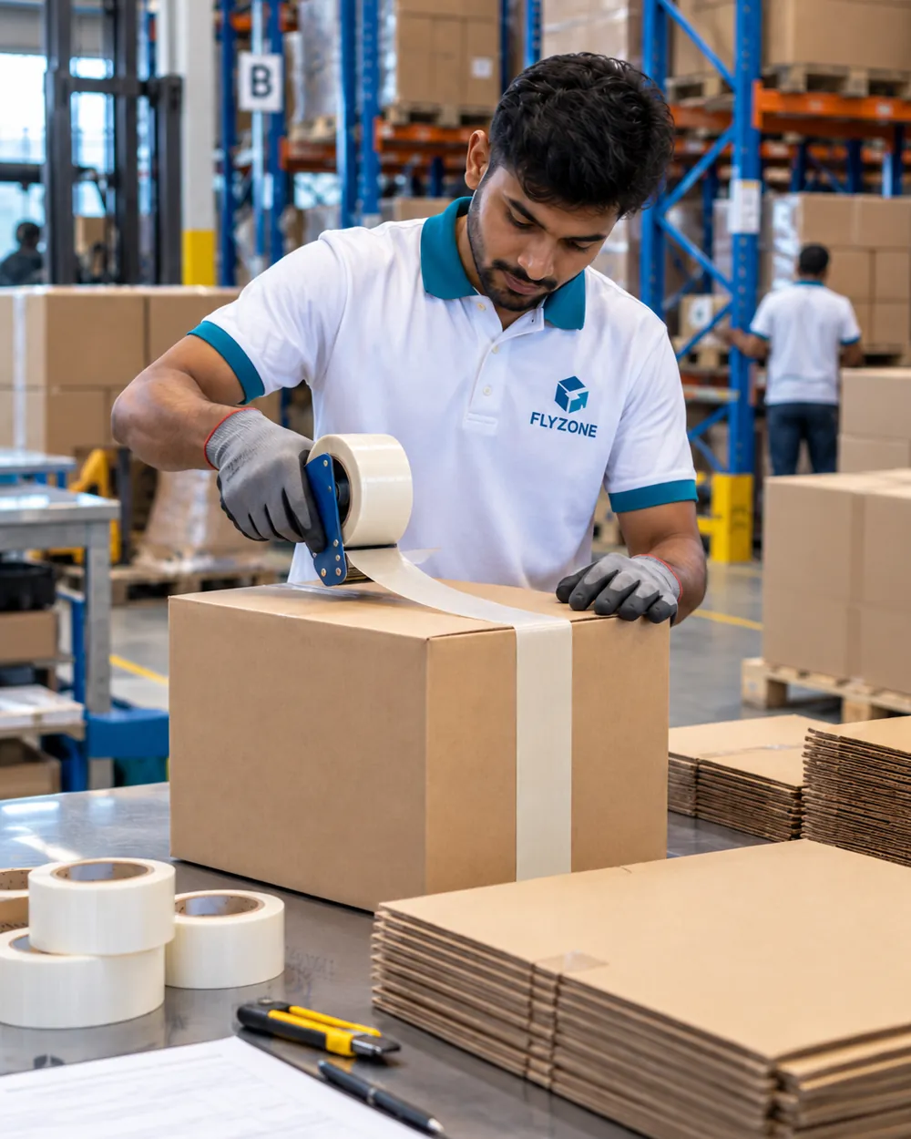 A carton being taped shut at the packing bench