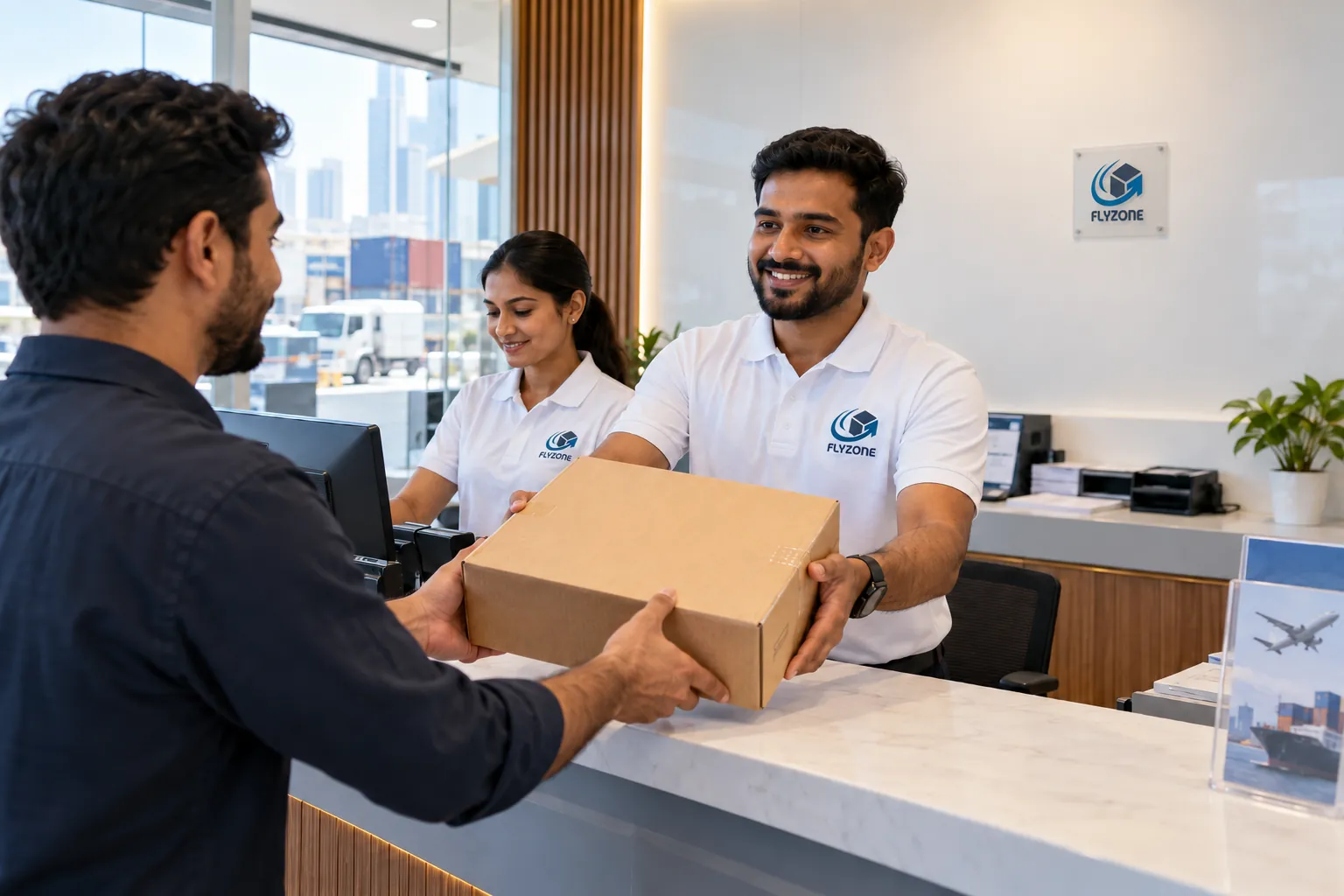 Flyzone staff in branded polo shirts handing a parcel to a customer at the office counter