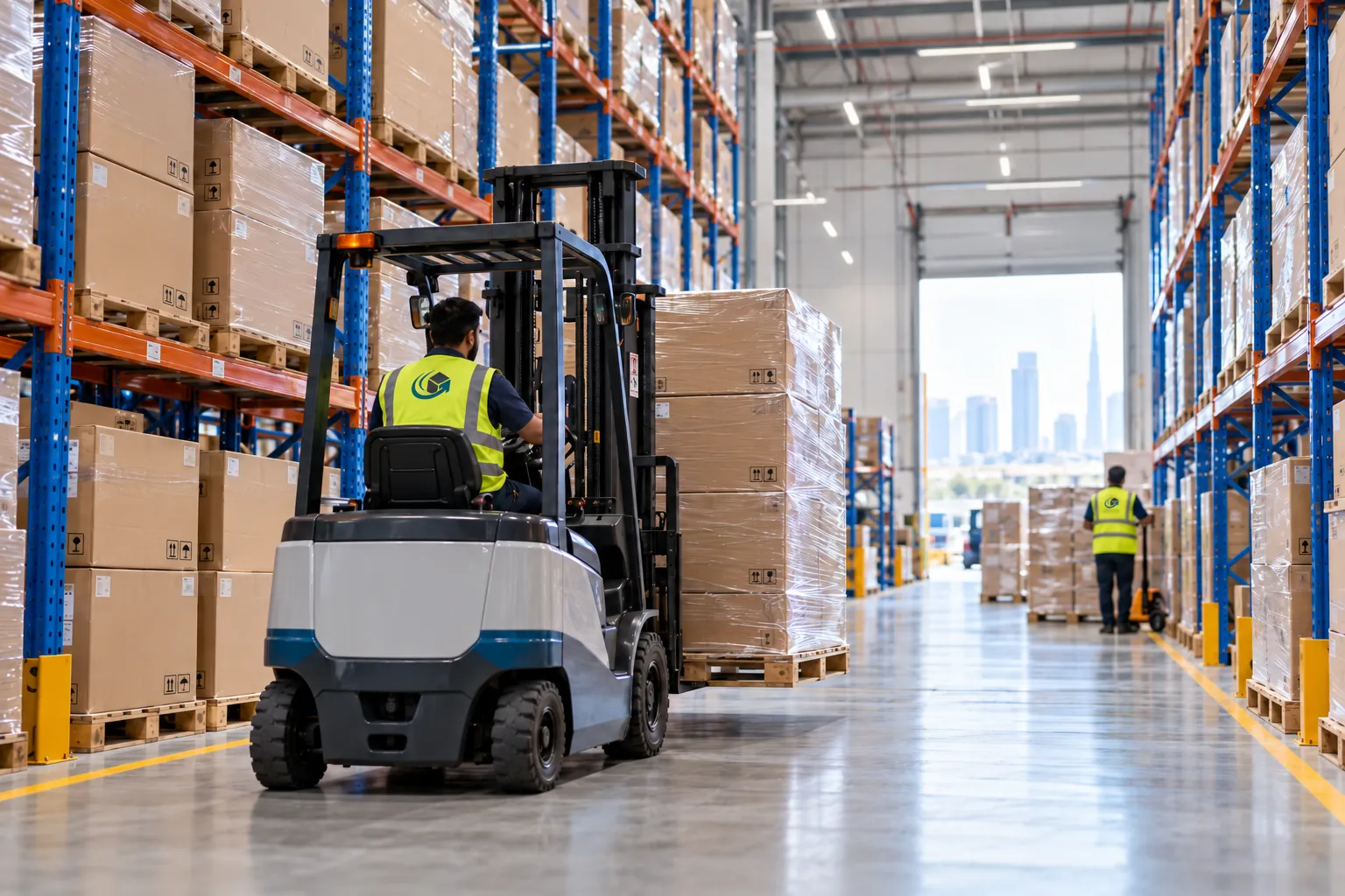 A forklift moving a pallet of cartons down a warehouse aisle